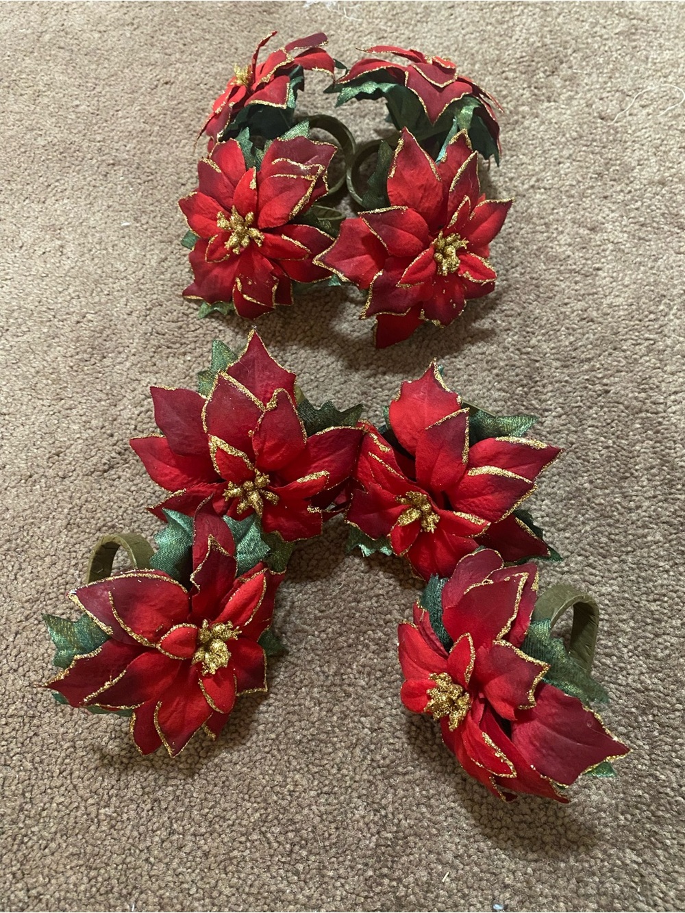 Elegant Red Poinsettia Napkin Rings - Set of 8.